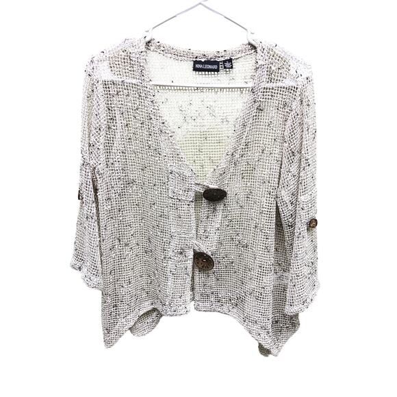 Nina Leonard Oatmeal Button Knit Mesh Cardigan 3/4 Sleeve Sweater Size L - Picture 2 of 6